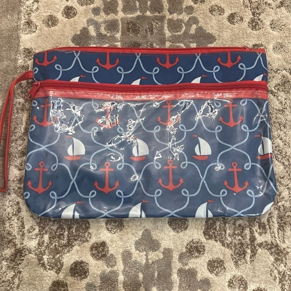 💥 2/$10 12x9 Anchor Sailboat res white blue water resistant beach swimsuit bag